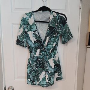 Tropical Leaf Print Wrap Romper